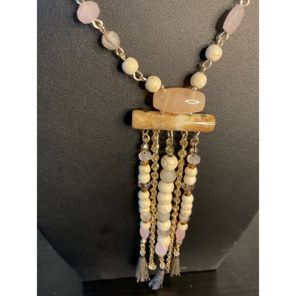 Chico's Long Chic Gold & Stone Beaded Necklace With Tassels - Picture 2 of 4